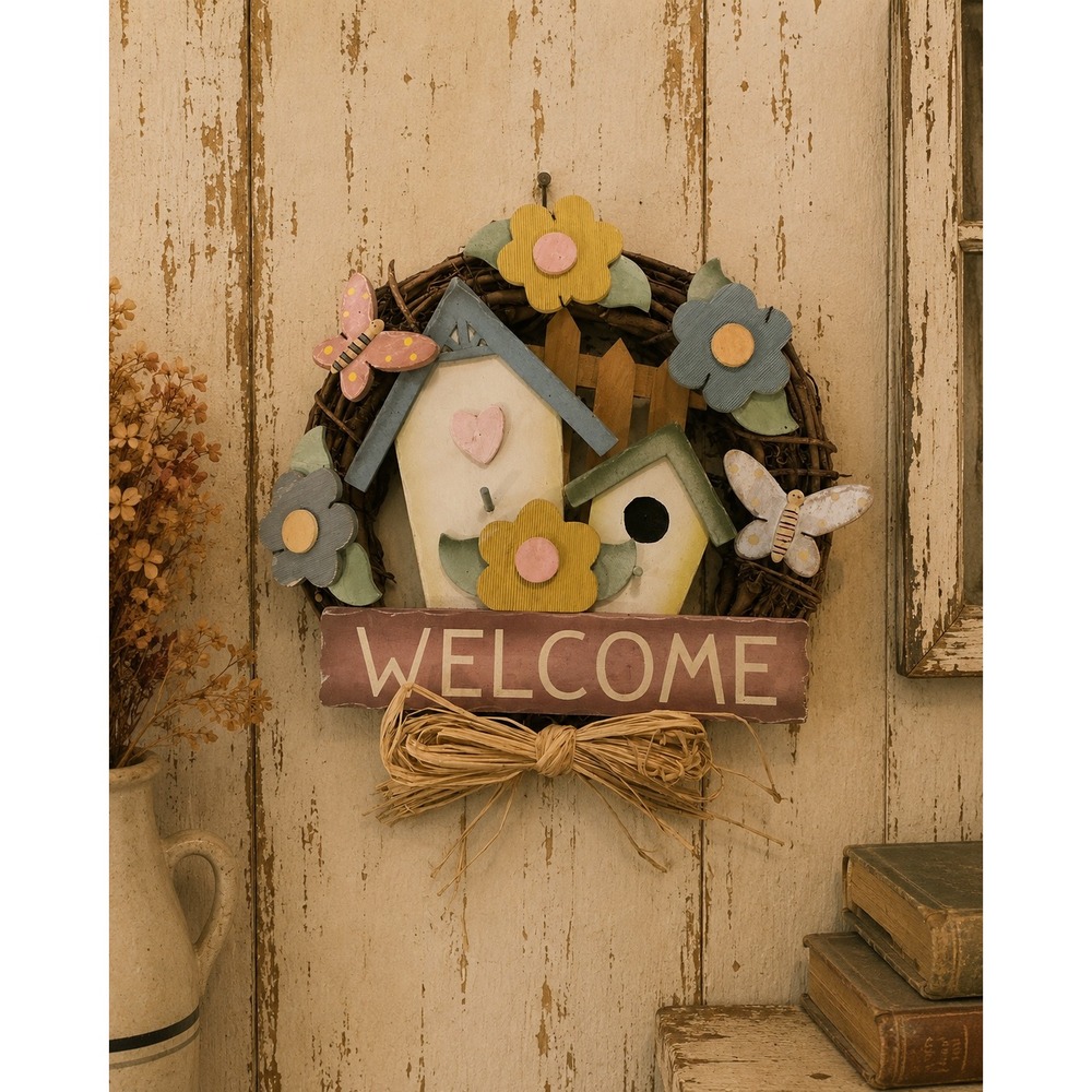 Vintage Grapevine Wreath Welcome Sign Birdhouse Butterfly Flower Rustic 13x13